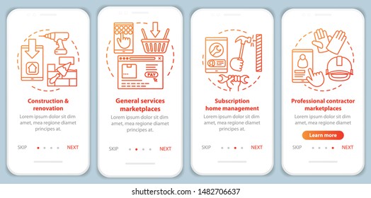 Internet marketplaces onboarding mobile app page screen vector template. E commerce, customer services walkthrough website steps with linear illustrations. UX, UI, GUI smartphone interface concept