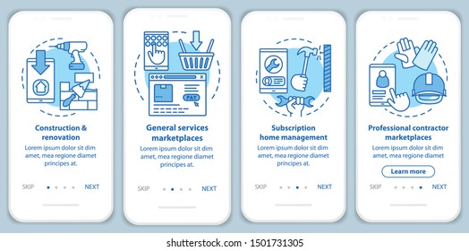 Internet marketplaces onboarding mobile app page screen with linear concepts. E commerce, customer services walkthrough steps graphic instructions. UX, UI, GUI vector template with illustrations