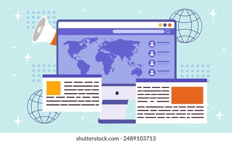 Concepto de medios masivos de internet. Monitor de ordenador con artículos. Contenido de medios masivos y periodistas. Conocimiento e información en línea. Ilustración vectorial plana aislada sobre fondo azul