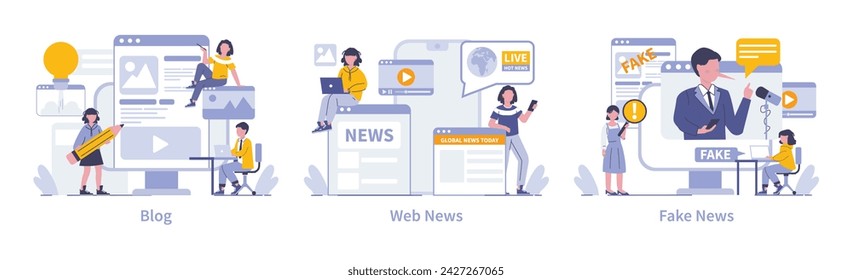 Internet Mass Media insights. The evolution of blogging, real-time web news, and the challenges of fake news. Digital literacy and content authenticity. Vector illustration.