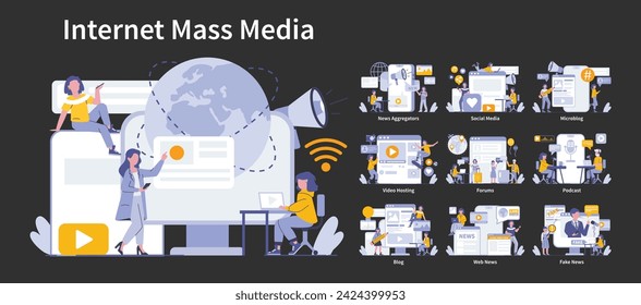 Internet Mass Media night or dark mode set. Diverse online communication platforms and digital content delivery. Global connectivity and information exchange. Vector illustration.