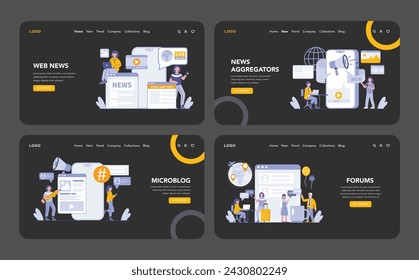 Internet Mass Media night or dark mode web or landing page set. Dive into digital realms of web news, curated aggregators, microblogging, and forums. Vector illustration.