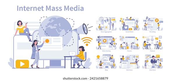 Internet Mass Media set. Diverse online communication platforms and digital content delivery. Global connectivity and information exchange. Vector illustration.