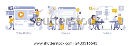 Internet Mass Media set. Dynamic video hosting, engaging forums, and informative podcasting. Interactive digital culture and content creation. Vector illustration.