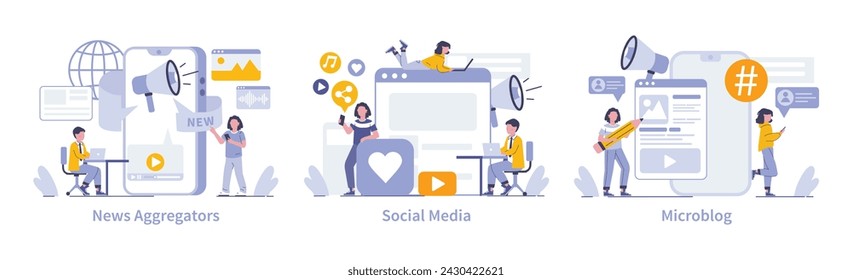 Internet Mass Media set. Key online platforms for news, social interaction, and content sharing. Seamless information flow and digital engagement. Vector illustration.