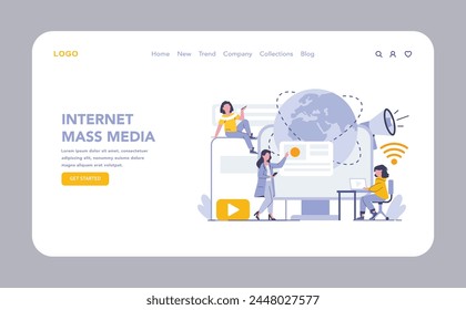 Internet Mass Media web or landing page. A global network of digital communication, content sharing, and online engagement, portrayed through vibrant characters. Vector illustration.