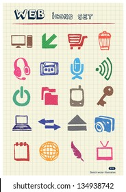Internet and media icons set drawn by color pencils. Hand drawn vector elements pack isolated on paper