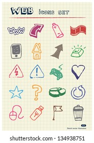 Internet and media icons set drawn by color pencils. Hand drawn vector elements pack isolated on paper