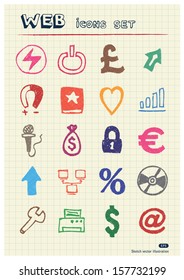Internet and media icons set drawn by color pencils. Hand drawn vector elements pack isolated on paper