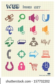 Internet and media icons set drawn by color pencils. Hand drawn vector elements pack isolated on paper