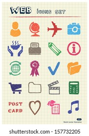 Internet and media icons set drawn by color pencils. Hand drawn vector elements pack isolated on paper