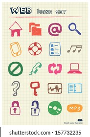 Internet and media icons set drawn by color pencils. Hand drawn vector elements pack isolated on paper