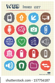 Internet and media icons set drawn by chalk. Hand drawn vector elements pack isolated on paper
