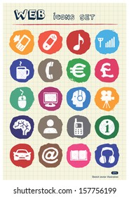 Internet and media icons set drawn by chalk. Hand drawn vector elements pack isolated on paper