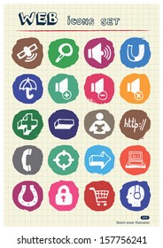 Internet and media icons set drawn by chalk. Hand drawn vector elements pack isolated on paper
