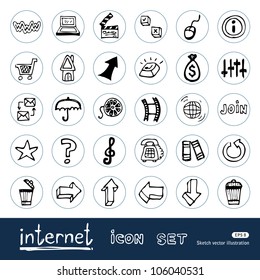Internet and media icons set. Hand drawn sketch illustration isolated on white background