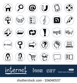 Internet and media icons set. Hand drawn sketch illustration isolated on white background