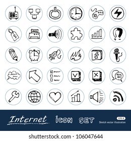 Internet, media and network web icons set. Hand drawn sketch illustration isolated on white background