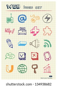 Internet, media and network web icons set drawn by color pencils. Hand drawn vector elements pack isolated on paper