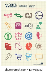 Internet, media and network web icons set drawn by color pencils. Hand drawn vector elements pack isolated on paper