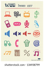 Internet, media and network web icons set drawn by color pencils. Hand drawn vector elements pack isolated on paper