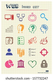 Internet, media and network web icons set drawn by color pencils. Hand drawn vector elements pack isolated on paper