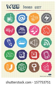 Internet, media and network web icons set drawn by chalk. Hand drawn vector elements pack isolated on paper