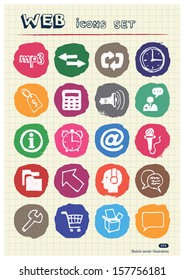 Internet, media and network web icons set drawn by chalk. Hand drawn vector elements pack isolated on paper