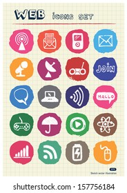 Internet, media and network web icons set drawn by chalk. Hand drawn vector elements pack isolated on paper