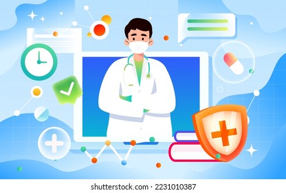 Internet medical treatment, doctor diagnoses the patient's condition online, various data and medical supplies in the background, vector illustration