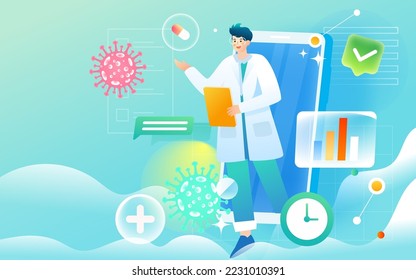 Internet medical treatment, doctor diagnoses the patient's condition online, various data and medical supplies in the background, vector illustration