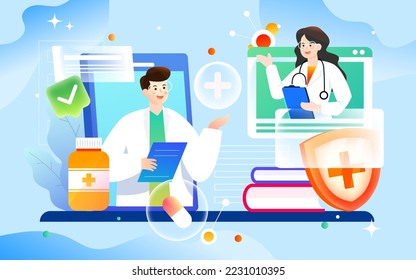 Internet medical treatment, doctor diagnoses the patient's condition online, various data and medical supplies in the background, vector illustration