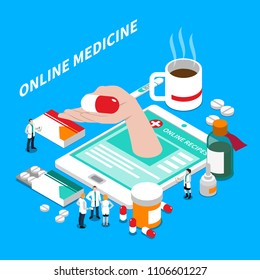 Internet medicine isometric composition with online recipe on mobile device screen, doctors and medication vector illustration  