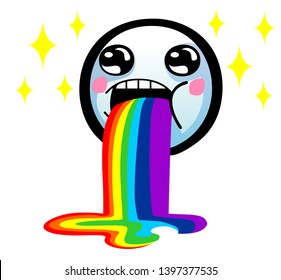Internet meme with cute sick face. Vomiting rainbow face
