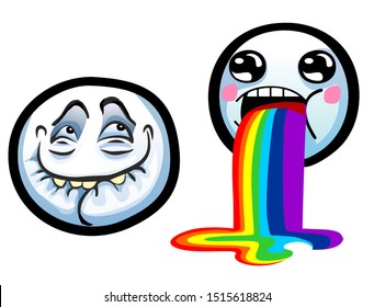 Internet meme with cute sick face. Vomiting face and happy friend