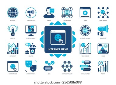 Internet Meme icon set. Parody, Meme Spread, Intertextuality, Viral Content, Joke, Entertainment, Trendy, Creative. Duotone color solid icons