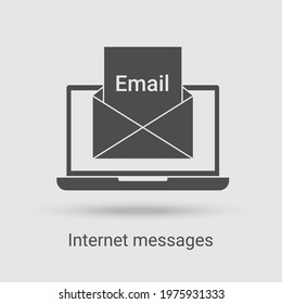 The Internet message icon.The email and mail symbol.An envelope on the background of a laptop.vector illustration of the thin line icon.Black on a white background.Glyph silhouette.