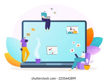 Internet message at social media concept, vector illustration, flat man woman character use network at laptop screen, communication online