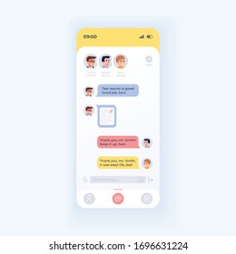 Internet messaging application smartphone interface vector template. Mobile app page light theme design layout. Chat with teacher screen. Flat UI for application. User messages on phone display