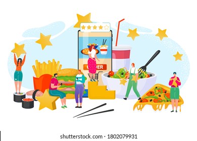 Aplicación móvil de Internet para pedido en línea en concepto de restaurante, ilustración vectorial. Clasificación de servicio de entrega de alimentos en smartphone. La gente usa el menú de almuerzo rápido y plano en la tienda de teléfonos.