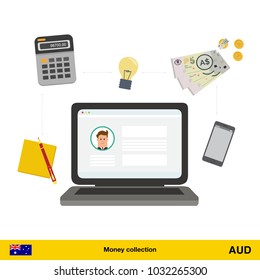 Internet and mobile banking concept. Australian dollar banknote. Transferring Money vector illustration