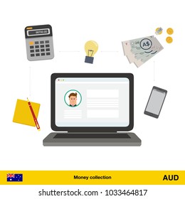 Internet and mobile banking concept.  Australian dollar banknote. Transferring Money vector illustration