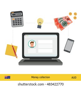 Internet and mobile banking concept. Australian Dollar banknote. Transferring Money vector illustration
