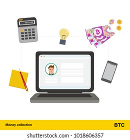 Internet and mobile banking concept. Bitcoin banknote. Transferring Money vector illustration