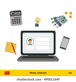 Internet and mobile banking concept. Chinese Yuan banknote. Transferring Money vector illustration