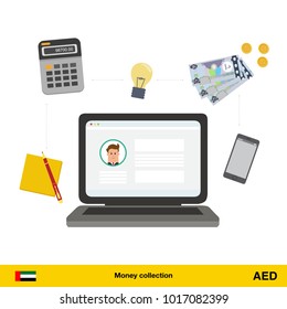 Internet and mobile banking concept. Dirham banknote. Transferring Money vector illustration