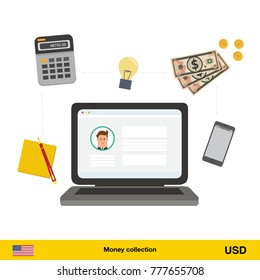 Internet and mobile banking concept. Dollar banknote. Transferring Money vector illustration