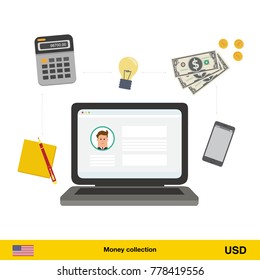 Internet and mobile banking concept. Dollar banknote. Transferring Money vector illustration