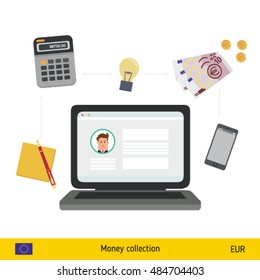 Internet and mobile banking concept. Euro banknote. Transferring Money vector illustration