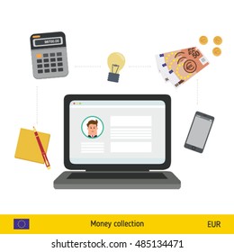 Internet and mobile banking concept. Euro banknote. Transferring Money vector illustration